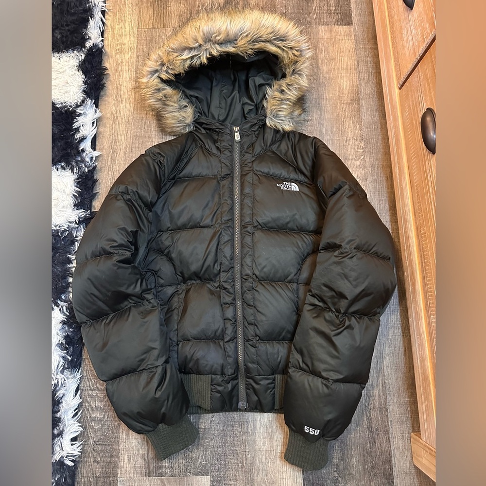 The North Face 550 Bomber Puffer Jacket with Fur Hood Dark Olive Green Large